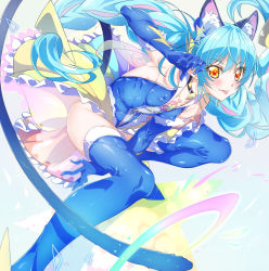 Rule 34 | 1girl, :p, absurdres, animal ears, aqua hair, blue cat (precure), blue gloves, blue hair, blush, braid, breasts, cat ears, choker, covered erect nipples, cure cosmo, elbow gloves, gloves, highres, impossible clothes, jewelry, long hair, looking at viewer, magical girl, niko (tama), precure, shiny skin, small breasts, smile, solo, star twinkle precure, thighhighs, thighs, tongue, tongue out
