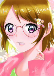 Rule 34 | 1girl, absurdres, artist name, artist request, blush, breasts, brown hair, close-up, female focus, flower hair ornament, glasses, hair between eyes, hair ornament, highres, jacket, koizumi hanayo, long sleeves, looking at viewer, love live!, love live! school idol project, parted lips, pink jacket, purple eyes, short hair, smile, solo, upper body