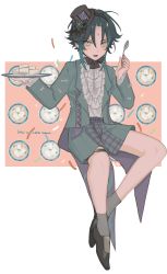 Rule 34 | 1boy, ahoge, black hair, black hat, blush, bow, collared jacket, commentary request, confetti, diamond (shape), facial mark, food, forehead mark, frilled sleeves, frills, genshin impact, green hair, green jacket, green shorts, hat, highres, holding, holding plate, holding spoon, jacket, looking at viewer, male focus, multicolored hair, nakura hakuto, open mouth, parted bangs, plate, shoes, short hair with long locks, shorts, slit pupils, socks, solo, spoon, tofu, two-tone hair, xiao (genshin impact), yellow eyes