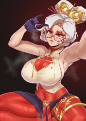 Rule 34 | 1girl, absurdres, aestheticc-meme, alternate breast size, armpit crease, bare shoulders, blush, breasts, cleavage, eyeshadow, eyewear on head, glasses, gloves, hair bun, hair ornament, hair stick, highres, huge breasts, looking at viewer, makeup, nintendo, open mouth, outstretched arm, purah, reaching, reaching towards viewer, red-framed eyewear, red eyes, round eyewear, selfie, sheikah, sleeveless, smile, solo, spread legs, squatting, sweat, taking picture, the legend of zelda, the legend of zelda: tears of the kingdom, thighs, white hair
