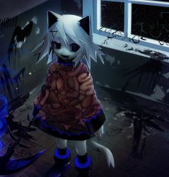 Rule 34 | 1girl, 404 (v1v404), animal ears, artist name, black eyes, black footwear, black legwear, blue pupils, broken glass, cat ears, cat girl, cat tail, colored smoke, commentary, decay, drooling, english commentary, fang, footprints, glass, glass shards, guro, holding, holding weapon, intestine clothing, intestines, kama (weapon), original, short hair, sickle, skin fang, smoke, standing, tail, third-party edit, tile floor, tiles, v1v404, weapon, white hair