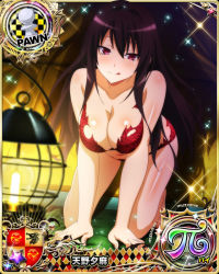 Rule 34 | 1girl, :q, all fours, barefoot, black hair, bra, breasts, card (medium), character name, chess piece, cleavage, high school dxd, high school dxd hero, high school dxd pi, large breasts, lingerie, long hair, looking at viewer, naughty face, navel, official art, panties, pawn (chess), pink eyes, raynare, red bra, red panties, solo, tongue, tongue out, torn clothes, trading card, underwear, underwear only
