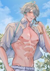 Rule 34 | 1boy, abs, absurdres, ahoge, alhaitham (genshin impact), blue sky, blush, branch, cable, closed mouth, cloud, collarbone, collared shirt, commentary, cup, day, disposable cup, drinking straw, english commentary, expressionless, genshin impact, green eyes, grey hair, hair over one eye, hand up, highres, holding, holding cup, leaf, looking at viewer, male focus, moontea bunny, navel, nipples, one eye covered, open clothes, open shirt, outdoors, parted bangs, pectorals, shirt, short hair, sidelocks, sky, sleeves rolled up, solo, standing, stomach, sweat, swept bangs, white shirt, wing collar