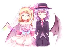 Rule 34 | 2girls, ^ ^, asymmetrical hair, bare shoulders, bat wings, black headwear, black jacket, black pants, blonde hair, blush, bouquet, bow, buttons, closed eyes, closed mouth, collarbone, collared shirt, cowboy shot, demon wings, dress, fedora, flandre scarlet, flower, hands in pockets, hat, hat bow, heart, holding, holding flower, incest, jacket, light purple hair, long hair, minust, multiple girls, necktie, pants, pink bow, pink flower, pink rose, red bow, red necktie, remilia scarlet, rose, see-through, shirt, short hair, siblings, side ponytail, simple background, sisters, smile, standing, strapless, strapless dress, touhou, veil, wedding dress, white background, white dress, white shirt, wife and wife, wing collar, wings, yuri