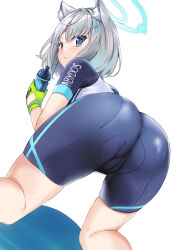 Rule 34 | 1girl, animal ear fluff, animal ears, ass, blue archive, blue eyes, blush, bottle, commentary request, cross hair ornament, from behind, gloves, green gloves, grey hair, hair ornament, halo, highres, hinata sora, holding, holding bottle, looking at viewer, looking back, parted lips, shiroko (blue archive), shiroko (cycling) (blue archive), short hair, short sleeves, solo, thighs, white background