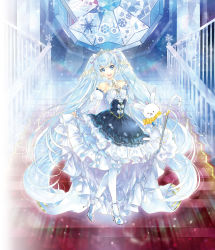 Rule 34 | 1girl, 1other, bare shoulders, beamed eighth notes, blue dress, blue eyes, blue hair, breasts, brooch, cane, cape, detached sleeves, dress, earrings, eighth note, framed breasts, frilled dress, frilled sleeves, frills, full body, glass slipper, gold trim, hair ornament, hand on own chest, hatsune miku, high heels, highres, holding, holding cane, hoop skirt, jewelry, kei (keigarou), layered dress, lens flare, light blue hair, long hair, long sleeves, musical note, neck ruff, neckerchief, official art, open mouth, plaid neckerchief, princess, puffy detached sleeves, puffy sleeves, rabbit, rabbit yukine, red carpet, skirt hold, sleeveless, sleeveless dress, slippers, small breasts, smile, snowflake hair ornament, snowflake print, snowflakes, stained glass, stairs, strapless, strapless dress, striped sleeves, tiara, twintails, very long hair, vocaloid, white legwear, yuki miku, yuki miku (2019)