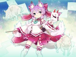 Rule 34 | 1girl, animal ear fluff, animal ears, bare shoulders, blush, boar, bow, closed mouth, copyright request, detached sleeves, fox ears, fox girl, fox mask, fox tail, green eyes, hair between eyes, hair bow, holding, holding mask, japanese clothes, jewelry, kimono, kitsune, long sleeves, looking at viewer, magatama, magatama necklace, mask, unworn mask, necklace, pleated skirt, purple hair, red bow, red skirt, ribbon-trimmed sleeves, ribbon trim, sidelocks, skirt, sleeveless, sleeveless kimono, sleeves past wrists, smile, solo, striped, striped bow, tail, thighhighs, white kimono, white thighhighs, wide sleeves, yoshi (crossmind)
