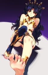 Rule 34 | 1girl, anklet, anus, arm support, armlet, artist name, bare shoulders, barefoot, black hair, black panties, blush, bow, breasts, cleavage, commentary, dark background, earrings, fate/grand order, fate (series), feet, feguimel, hair bow, hoop earrings, ishtar (fate), jewelry, light blush, long hair, looking at viewer, panties, panty pull, pussy, pussy peek, red eyes, revealing clothes, single thighhigh, sitting, skindentation, small breasts, smile, soles, solo, sweatdrop, thighhighs, toeless legwear, toes, twintails, underwear, very long hair