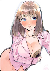 Rule 34 | 1girl, absurdres, black bra, blue eyes, blush, bob cut, bottomless, bra, breasts, brown hair, cleavage, closed mouth, collared shirt, cowboy shot, dated, embarrassed, frilled bra, frills, geshumaro, highres, looking away, looking to the side, medium hair, original, pink shirt, shirt, signature, simple background, solo, underwear, white background, wing collar