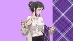 Rule 34 | 1girl, alternate hairstyle, beige coat, black hair, blouse, brown eyes, coat, commentary request, hair bun, kakuchoshi, kantai collection, long hair, myoukou (kancolle), official alternate costume, plaid, plaid background, profile, purple background, shirt, single hair bun, solo, thick eyebrows, white shirt