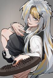 Rule 34 | 1girl, alternate hair length, alternate hairstyle, black footwear, black nails, black skirt, black vest, blonde hair, comb, grey hair, highres, holding, holding comb, kromer (project moon), limbus company, long hair, long sleeves, looking at viewer, looking back, multicolored hair, nail hair ornament, parted lips, project moon, shiqicheng, shirt, shoes, sitting, skirt, socks, solo, streaked hair, very long hair, vest, white shirt, white socks
