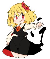 Rule 34 | 1girl, :q, ascot, black skirt, black vest, blonde hair, blush, closed mouth, collared shirt, cowboy shot, cropped legs, hair ribbon, ini (inunabe00), long sleeves, red ascot, red eyes, red ribbon, ribbon, rumia, shirt, short hair, simple background, skirt, solo, tongue, tongue out, touhou, vest, white background, white shirt