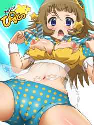 Rule 34 | 1girl, awa, bad id, bad tinami id, blue eyes, blush, breasts, brown hair, cameltoe, cleft of venus, from below, hair ornament, large breasts, midriff, navel, nipples, open mouth, pist-chan, pist star, piststar, polka dot, polka dot legwear, see-through, shorts, solo, spread legs, star (symbol), striped, surprised, surprised arms, torn clothes, wardrobe malfunction, wrist cuffs