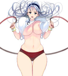 Rule 34 | 1girl, blue eyes, bouncing breasts, breasts, cameltoe, gym uniform, hairband, highres, huge breasts, jump rope, kouno (masao), long hair, looking at viewer, navel, open mouth, original, silver hair, simple background, skindentation, smile, solo, thick thighs, thigh gap, thighs, tongue, underboob, white background