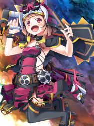 Rule 34 | 1girl, angry, armor, armpits, belt, black thighhighs, blush, bracelet, brown hair, chain, child, clothes lift, collar, dual wielding, fangs, flat chest, gradient background, helmet, high heels, highres, holding, horns, japanese clothes, jewelry, jumping, legs up, looking at viewer, mitsudomoe (shape), momiji oroshi, naked armor, oni, open mouth, original, over shoulder, pink eyes, platform footwear, profile, ribbon, sandals, shoes, short hair, skirt, skirt lift, solo, spiked bracelet, spiked collar, spikes, studded belt, studded collar, sword, thighhighs, tomoe (symbol), tongue, weapon, weapon over shoulder, wind, wind lift