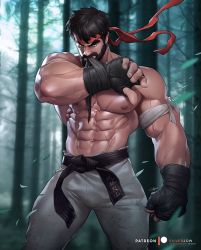 Rule 34 | 1boy, abs, bamboo, bamboo forest, bandages, bara, bare pectorals, beard, belt, black belt, black hair, facial hair, forest, headband, large pectorals, male focus, mouth pull, muscular, nature, navel, nipples, pectorals, ryu (street fighter), short hair, silverjow, solo, standing, street fighter, thick eyebrows, thick thighs, thighs, topless male, veins