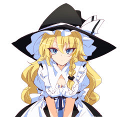 Rule 34 | 1girl, black hat, blonde hair, braid, breasts, cleavage, closed mouth, commentary request, dress, frilled sleeves, frills, frown, hair ornament, hair scrunchie, hat, hat ribbon, ichimura kanata, kirisame marisa, leaning forward, long hair, looking at viewer, medium hair, one-hour drawing challenge, puffy short sleeves, puffy sleeves, ribbon, scrunchie, short sleeves, side braid, simple background, solo, standing, touhou, upper body, v arms, very long hair, wavy hair, white background, white dress, witch hat, yellow eyes