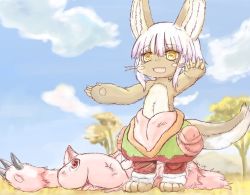 Rule 34 | 10s, artist request, brown eyes, furry, kemono friends, lowres, made in abyss, mitty (made in abyss), nanachi (made in abyss), open mouth, parody, white hair