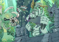 Rule 34 | ^ ^, angry, animal focus, anomalocaris, anorith, bubble, claws, closed eyes, colored skin, commentary request, cradily, creatures (company), evolutionary line, fins, game freak, gen 1 pokemon, gen 3 pokemon, gen 7 pokemon, golisopod, green skin, gyarados, isopod, kabutops, kelp, light rays, lileep, nintendo, no humans, open mouth, pokemon, pokemon (creature), purple skin, q-chan, ruins, solid circle eyes, standing, star-shaped pupils, star (symbol), statue, sunbeam, sunlight, symbol-shaped pupils, teeth, underwater, wimpod, yellow eyes