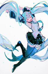 Rule 34 | 1girl, :d, aqua hair, aqua necktie, arms up, bare shoulders, black footwear, black skirt, black thighhighs, chinese commentary, closed eyes, commentary, detached sleeves, dokex xx, grey vest, happy, hatsune miku, highres, long hair, necktie, open hands, open mouth, pleated skirt, simple background, skirt, smile, solo, teeth, thighhighs, twintails, upper teeth only, vest, vocaloid, white background