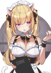 Rule 34 | 1girl, ahoge, animal ears, bare shoulders, black bow, black skirt, blonde hair, blurry, blurry background, blush, bow, breasts, cat ears, cat girl, cat tail, cleavage, clipboard, collar, collarbone, commentary request, dated, depth of field, detached collar, detached sleeves, hair bow, highres, hirota fruit, holding, kemonomimi mode, long hair, maid, maid headdress, medium breasts, nijisanji, parted lips, puffy short sleeves, puffy sleeves, purple eyes, short sleeves, skirt, solo, tail, takamiya rion, takamiya rion (3rd costume), twitter username, very long hair, virtual youtuber, white collar, white sleeves, wing collar, wristband