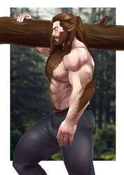 Rule 34 | 1boy, abs, absurdres, animal ears, back hair, bara, beard, blush, body fur, carrying over shoulder, carrying tree, conrad (getonjbart), denim, facial hair, feet out of frame, fingernails, from side, getonjbart, hairy, highres, jeans, large pectorals, long hair, looking at viewer, male focus, monster boy, muscular, muscular male, mustache, navel, navel hair, nipples, original, pants, pectorals, profile, sharp fingernails, sideways glance, solo, stomach, thick arm hair, thick beard, thick chest hair, thick eyebrows, thick mustache, thick navel hair, thick thighs, thighs, topless male, very hairy, walking, werewolf, wolf ears, woodcutter