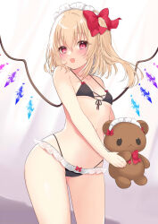Rule 34 | 1girl, :d, alternate costume, bikini, blush, bow, breasts, contrapposto, corset, crystal, flandre scarlet, hair between eyes, hair bow, holding, holding stuffed toy, maid headdress, medium hair, one side up, open mouth, pink eyes, red bow, simple background, small breasts, smile, solo, stuffed animal, stuffed toy, swimsuit, teddy bear, tosakaoil, touhou, white background, wings