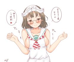 Rule 34 | 1girl, bare arms, bare shoulders, blunt bangs, blush, breasts, brown eyes, brown hair, closed mouth, collarbone, commentary request, eyewear strap, furrowed brow, glasses, hair strand, hands up, head tilt, headdress, heart, kantai collection, looking at viewer, messy hair, neckerchief, no bra, pince-nez, roma (kancolle), round eyewear, sailor collar, short hair, sideboob, simple background, sleeveless, smile, solo, speech bubble, split mouth, spoken heart, standing, tokiziku, translation request, trembling, upper body, w arms, wavy hair, white background, white sailor collar