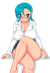Rule 34 | 1girl, blue eyes, blue hair, blush, breasts, bursting breasts, cleavage, cuffs, curvy, earrings, glasses, hip focus, huge breasts, jewelry, konmori (kinbou sokai), large breasts, legs, crossed legs, matching hair/eyes, miniskirt, nail polish, necklace, pencil skirt, pink nails, shirt, short hair, sitting, skirt, solo, thighs, tight shirt, wide hips