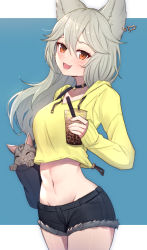 Rule 34 | 1girl, :d, animal, animal ears, bag, black choker, black shorts, blue background, blush, breasts, bubble tea, cat, choker, commentary, cowboy shot, crop top, cup, cutoffs, disposable cup, drawstring, drinking straw, ear piercing, earrings, erune, fang, granblue fantasy, grey hair, groin, hair between eyes, handbag, highres, holding, holding cup, hood, hood down, hoodie, jewelry, long hair, long sleeves, looking at viewer, medium breasts, midriff, navel, open mouth, orange eyes, piercing, revision, sen (granblue fantasy), short shorts, shorts, single earring, smile, solo, standing, symbol-only commentary, two-tone background, uneg, white background, yellow hoodie