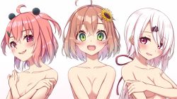 Rule 34 | 3girls, :d, ahoge, blush, breasts, brown hair, collarbone, covering privates, covering breasts, embarrassed, fang, flower, fuji yoshida, green eyes, hair flower, hair ornament, hair ribbon, hairclip, honma himawari, long hair, looking at viewer, low ponytail, medium breasts, mole, mole under eye, multiple girls, nijisanji, nude, open mouth, parted lips, pink eyes, pink hair, purple eyes, purple ribbon, ribbon, sasaki saku, shiina yuika, short hair, simple background, skin fang, small breasts, smile, sunflower, sunflower hair ornament, tareme, teeth, two side up, upper body, upper teeth only, virtual youtuber, white background, white hair