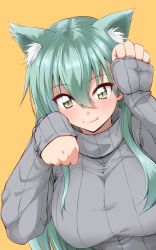 Rule 34 | 1girl, alternate costume, animal ears, aqua hair, blush, breasts, cat ears, closed mouth, green eyes, grey sweater, hair between eyes, kantai collection, large breasts, long hair, mikagami sou, paw pose, simple background, slit pupils, smile, solo, suzuya (kancolle), sweater, yellow background