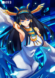 Rule 34 | 1girl, arm up, armpits, black hair, blue eyes, detached sleeves, dress, egyptian clothes, emon-yu, hair tubes, hairband, isis (p&amp;d), jewelry, long hair, looking at viewer, lots of jewelry, puzzle &amp; dragons, smile, solo, white dress, wide sleeves