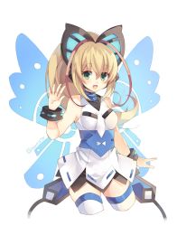 Rule 34 | 1girl, antenna hair, azure striker gunvolt, blonde hair, bracelet, butterfly hair ornament, butterfly wings, dress, green eyes, hair ornament, insect wings, jewelry, joule (gunvolt), looking at viewer, multicolored hair, open mouth, ponytail, red hair, rento (rukeai), sleeveless, smile, solo, thighhighs, white dress, white thighhighs, wings