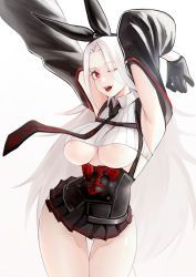 1girl, absurdres, animal ears, armpits, azur lane, black gloves, black jacket, black neckwear, breasts, bunny hair ornament, cl (summer sama), eyebrows visible through hair, fake animal ears, gloves, hair ornament, hands up, highres, jacket, large breasts, long hair, looking at viewer, necktie, one eye closed, open mouth, prinz heinrich (azur lane), red eyes, silver hair, solo, standing, underboob, white background, white hair