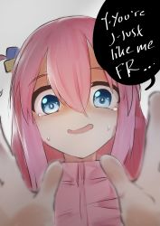 Rule 34 | 1girl, absurdres, blue eyes, bocchi the rock!, cube hair ornament, english text, gotoh hitori, hair between eyes, hair ornament, he just like me fr!!!! (meme), highres, jacket, long hair, looking at viewer, meme, open mouth, pink hair, pink jacket, pink track suit, pronet127, sidelocks, solo, speech bubble, sweat, track jacket, upper body, white background