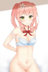 Rule 34 | 1girl, arms behind back, bad id, bad pixiv id, bare arms, bare shoulders, blush, bottomless, bow, bow bra, bra, breasts, cleavage, closed mouth, commentary, flower, green eyes, groin, hair flower, hair ornament, hairclip, highres, long hair, medium breasts, navel, no pussy, original, pink hair, polka dot, polka dot bra, red bow, ringlets, seventeen (st17215), sitting, smile, solo, strap slip, symbol-only commentary, twintails, underwear, underwear only, undressing, white bra, white flower