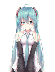 Rule 34 | 1girl, ahoge, akira (been0328), aqua hair, bad id, bad pixiv id, bare shoulders, black skirt, black sleeves, blush, breasts, closed mouth, collarbone, collared shirt, commentary request, detached sleeves, green necktie, hair between eyes, hair ornament, hatsune miku, long hair, long sleeves, looking at viewer, looking back, medium breasts, necktie, shirt, simple background, skirt, sleeveless, sleeveless shirt, solo, twintails, upper body, v arms, very long hair, vocaloid, white background, white shirt