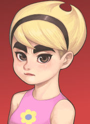 Rule 34 | 1girl, blonde hair, breasts, brown eyes, closed mouth, hairband, looking at viewer, mandy (billy &amp; mandy), mandy (grim adventures), maou alba, short hair, simple background, solo, the grim adventures of billy &amp; mandy, thick eyebrows