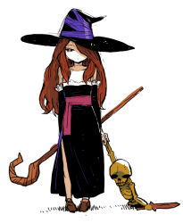 Rule 34 | 1girl, bare shoulders, brown hair, detached sleeves, dragon&#039;s crown, dress, flat chest, hair over one eye, hat, long hair, mahito (tranjistor), skeleton, solo, sorceress (dragon&#039;s crown), staff, strapless, strapless dress, witch hat, aged down