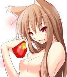 Rule 34 | 00s, 1girl, animal ears, apple, breasts, brown hair, fang, female focus, food, fruit, holding, holding food, holding fruit, holo, long hair, medium breasts, nilitsu, no nipples, nude, smirk, solo, spice and wolf, topless frame, upper body, wolf ears