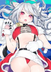 Rule 34 | 1girl, :o, ahoge, animal ears, animal hands, azur lane, bell, black choker, braid, breasts, capelet, choker, christmas, crop top, dog ears, dog girl, dog tail, fang, fur capelet, fur trim, gloves, large breasts, long hair, looking at viewer, lying, midriff, miniskirt, navel, on back, ootani nonno, open mouth, panties, pantyshot, paw gloves, red eyes, red panties, silver hair, skirt, solo, stomach, suspenders, tail, underwear, waist cape, white skirt, yuudachi (azur lane), yuudachi (woofy floofy christmas night) (azur lane)