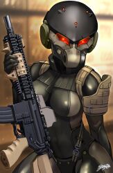 Rule 34 | 1girl, battle rifle, bodysuit, breasts, commission, frogs (metal gear), glowing, glowing eyes, gun, helmet, highres, holding, holding gun, holding weapon, looking at viewer, medium breasts, metal gear (series), metal gear solid, metal gear solid 4: guns of the patriots, original, rifle, signature, sitting, skeb commission, skin tight, solo, sunao (70 the), weapon