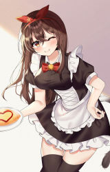 Rule 34 | 1girl, :d, ;), absurdres, ahoge, alternate costume, amber (genshin impact), apron, bell, bent over, black thighhighs, brown eyes, brown hair, carrying, cat tail, commentary request, contemporary, educk, fake tail, food, genshin impact, hair between eyes, hairband, hand on own hip, head tilt, highres, huge filesize, long hair, looking at viewer, maid, maid apron, omelet, omurice, one eye closed, open mouth, plate, short sleeves, sidelocks, smile, solo, tail, thighhighs, zettai ryouiki