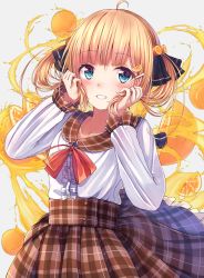 Rule 34 | 1girl, black ribbon, blonde hair, blue eyes, blush, bow, brown sailor collar, brown skirt, center frills, collarbone, commentary, enuni, food, food-themed hair ornament, frilled skirt, frills, fruit, grey background, hair ornament, hair ribbon, hairclip, hands up, highres, holding, holding own hair, long hair, long sleeves, looking at viewer, orange (fruit), orange hair ornament, original, parted lips, plaid, plaid sailor collar, plaid skirt, pleated skirt, red bow, revision, ribbon, sailor collar, school uniform, serafuku, shirt, sidelocks, skirt, smile, solo, symbol-only commentary, twintails, white shirt