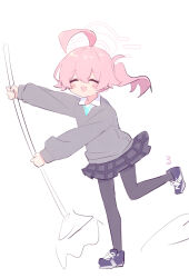 Rule 34 | 1girl, :d, ^ ^, ahoge, black pantyhose, blue archive, blue footwear, blush, broom, closed eyes, closed mouth, fang, grey sweater vest, hair between eyes, halo, highres, holding, holding broom, hoshino (blue archive), hoshino (young) (blue archive), open mouth, pantyhose, ruten (onakasukusuku), shoes, simple background, sketch, smile, solo, sweater vest, white background, white halo