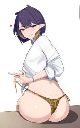 Rule 34 | 1girl, ass, bracelet, from behind, grin, heart, highres, hololive, hololive english, jewelry, ku roiko, looking at viewer, looking back, mole, mole under eye, ninomae ina&#039;nis, ninomae ina&#039;nis (loungewear), panties, pointy ears, purple eyes, purple hair, ring, shirt, short hair, side-tie panties, sitting, sleeves past elbows, smile, solo, tentacle hair, underwear, untied panties, virtual youtuber, white background, white shirt