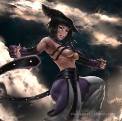 Rule 34 | 1girl, ass, belt, bracelet, breasts, chaps, cleavage, drill hair, fingerless gloves, gloves, han juri, highres, jewelry, looking to the side, muscular, muscular female, outstretched arms, pantyhose, purple pantyhose, smile, solo, spiked bracelet, spikes, street fighter, street fighter iv (series), toned, twin drills, underboob, uruka 18, watermark, web address