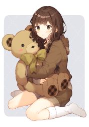 Rule 34 | 1girl, blush, border, bow, braid, brown eyes, brown hair, brown hoodie, brown shorts, closed mouth, commentary request, full body, highres, hiiragi souren, hood, hood down, hoodie, long hair, long sleeves, looking at viewer, no shoes, hugging object, original, outside border, purple background, shorts, sidelocks, sitting, socks, solo, stuffed animal, stuffed toy, tareme, teddy bear, twintails, wariza, white border, white socks, yellow bow