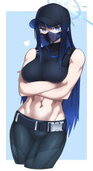 Rule 34 | 1girl, abs, bare shoulders, baseball cap, belt, black belt, black hair, black hat, black mask, black pants, black shirt, blue archive, blue background, blue eyes, breasts, buckle, chest harness, commentary request, covered collarbone, crop top, cropped legs, crossed arms, groin, halo, harness, hat, heart, highres, ikusuke, long hair, looking at viewer, mask, medium breasts, midriff, mouth mask, muscular, muscular female, navel, pants, partial commentary, saori (blue archive), shirt, sleeveless, sleeveless shirt, snap-fit buckle, solo, standing
